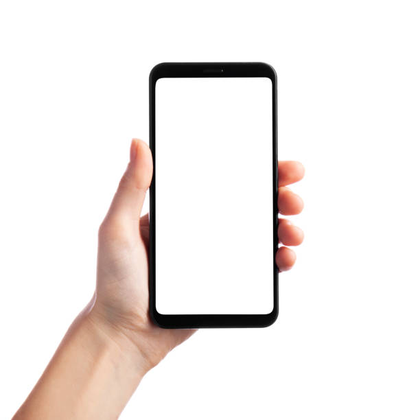 istock Woman holding smartphone with empty screen isolated on white background, front view. Space for text 1268269160