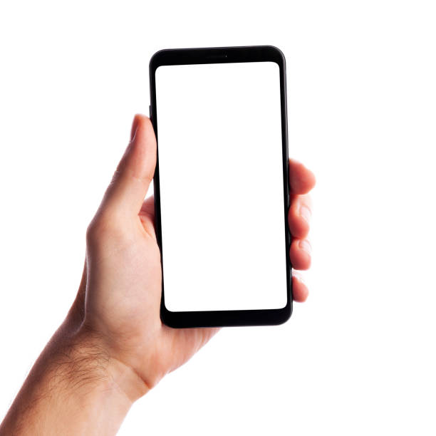 istock Man holding smartphone with empty screen isolated on white background, front view. Space for text 1268269166