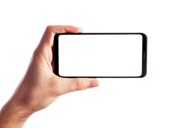 istock Man holding smartphone with empty screen isolated on white background, front view. Space for text 1268269171