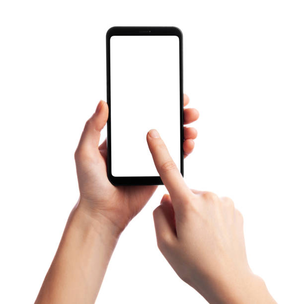 istock Woman holding and touching smartphone with empty screen isolated on white background, front view. Space for text 1268269209