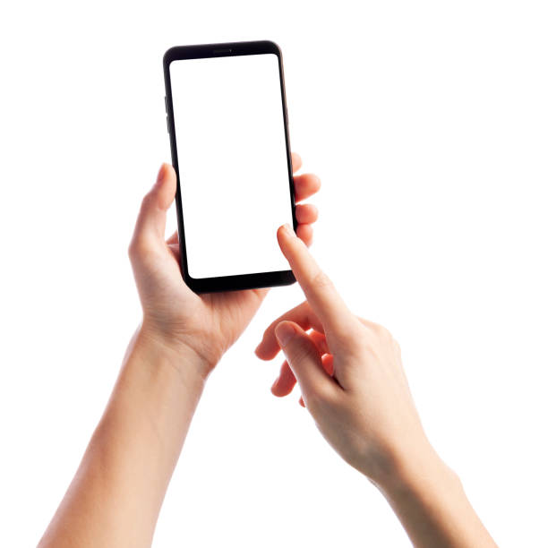 istock Woman holding and touching smartphone with empty screen isolated on white background, front view. Space for text 1268269736
