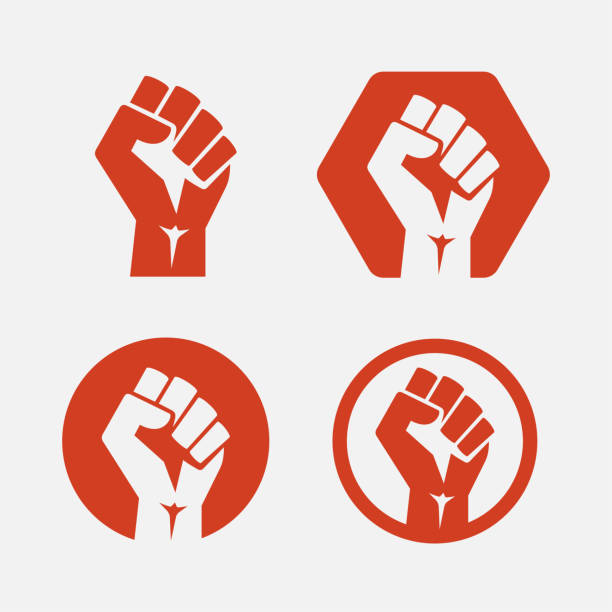 ilustrações de stock, clip art, desenhos animados e ícones de raised fist set red logo icon. victory, rebel symbol in protest or riot gesture symbol - isolated vector illustration - punho