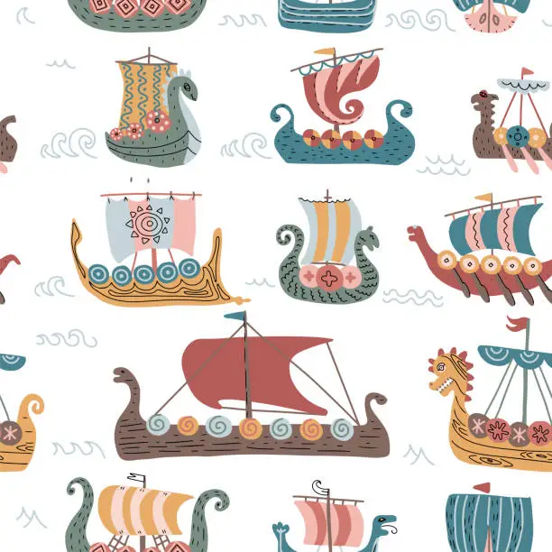 Vector illustration of Vikings seamless pattern with drakkar ships, childish scandinavian flat vector background, kids apparel, fabric, textile, nursery hand drawn illustration.