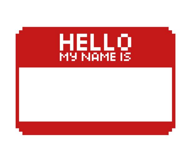 ilustrações, clipart, desenhos animados e ícones de pixel art 8 bits red blank name tag sticker hello meu nome está em fundo branco - ilustração vetorial isolada - cartão de saudações