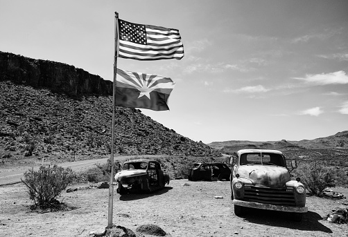 Abandoned cars on Route 66, Arizona, USA.