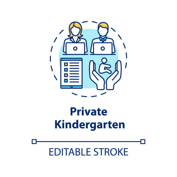 Private kindergarten concept icon Private kindergarten concept icon. Early childhood education. Child care. Toddlers preschool center idea thin line illustration. Vector isolated outline RGB color drawing. Editable stroke school counselor stock illustrations