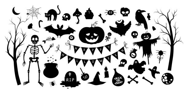 illustrations, cliparts, dessins animés et icônes de grand ensemble d’éléments de silhouette d’halloween de vecteur. traditionnel samhain partie clipart noir et blanc. collection d’ombres effrayantes avec jack-o-lanterne, araignée, fantôme, crâne, chauves-souris, arbres. conception de vacances d� - halloween