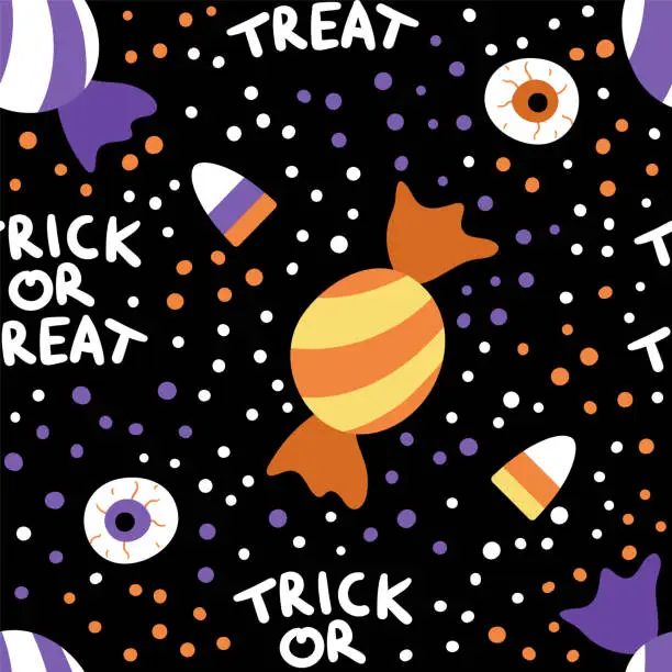 Vector illustration of Vector seamless pattern with sweets for trick or treat game. Traditional Halloween party food background. Digital paper with scary stripy purple and orange candy.