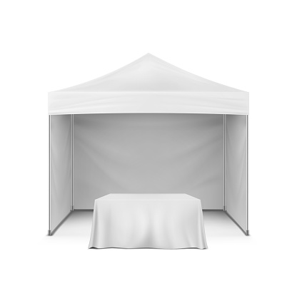 Pop-up gazebo and table covered with blank tablecloth, realistic mock-up. Exhibition promo event set, mockup. Vector template for business branding design.