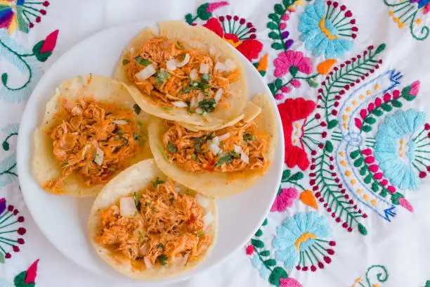 Photo of Authentic tinga de pollo tacos on embroidered mexican tablecloth