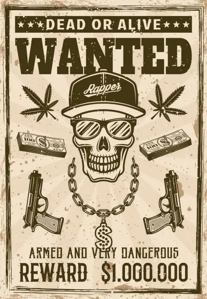 Vector illustration of Gangsta rapper skull in snapback cap and sunglasses with money bling chain wanted poster in vintage style vector illustration. Layered, separate grunge texture and text