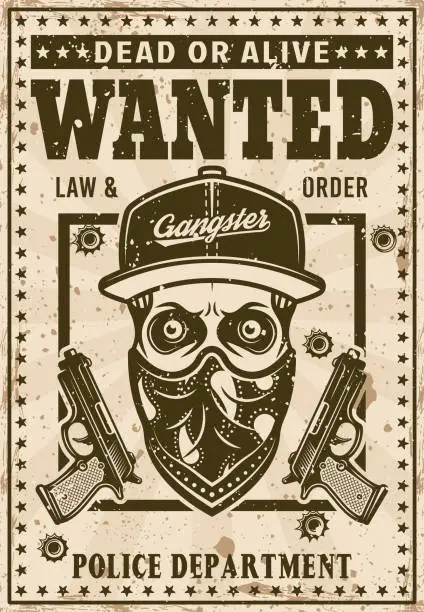 Vector illustration of Modern gangster skull in snapback hat and bandana on face wanted poster in vintage style vector illustration. Layered, separate grunge texture and text