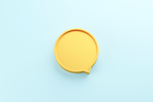 Blank yellow speech bubble pin on blue background. 3D render.