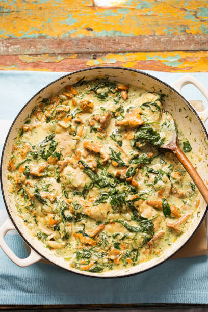 istock Fried chicken with chanterelle mushrooms, spinach in creamy dill sauce 1268283612