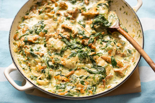 istock Fried chicken with chanterelle mushrooms, spinach in creamy dill sauce 1268283678