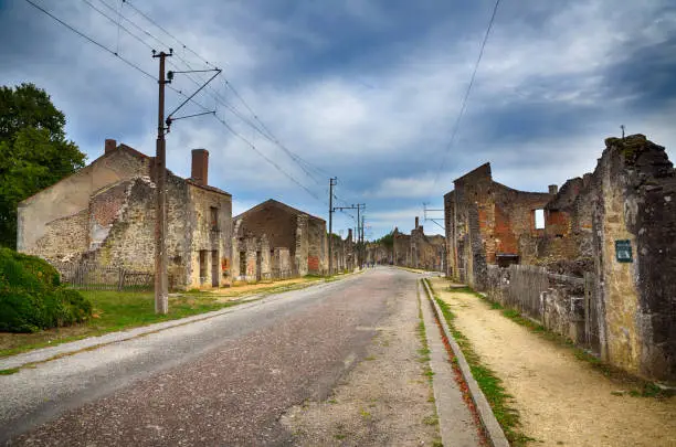 The village of Oradour sur Glane, France was destroyed in 1944, when its inhabitants were massacred by German nazi. A new village was built nearby, the original was preserved as a permanent memorial