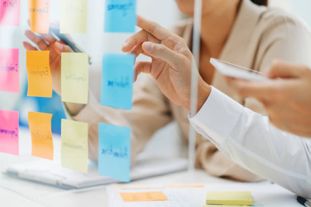 istock Startup co-working, Group of people putting sticky notes in the glass wall. 1268285051