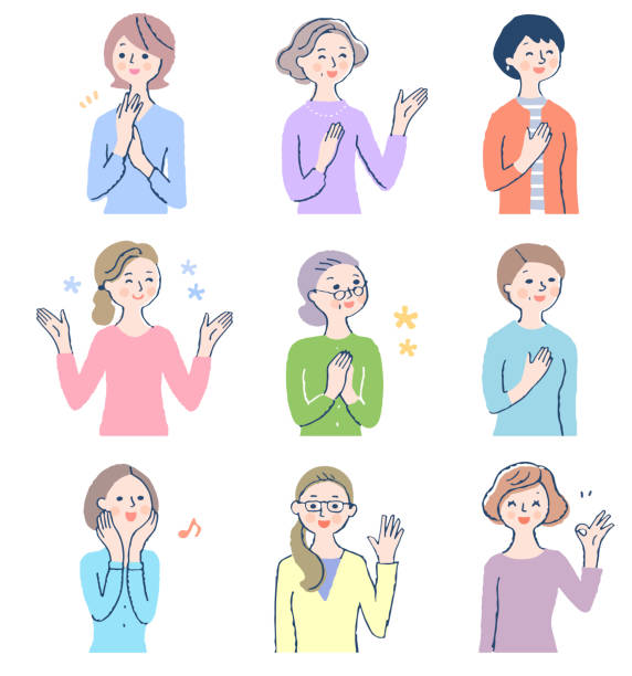 다양한 유형의 미소 짓는 여성 9명 - hand on chin illustrations stock illustrations