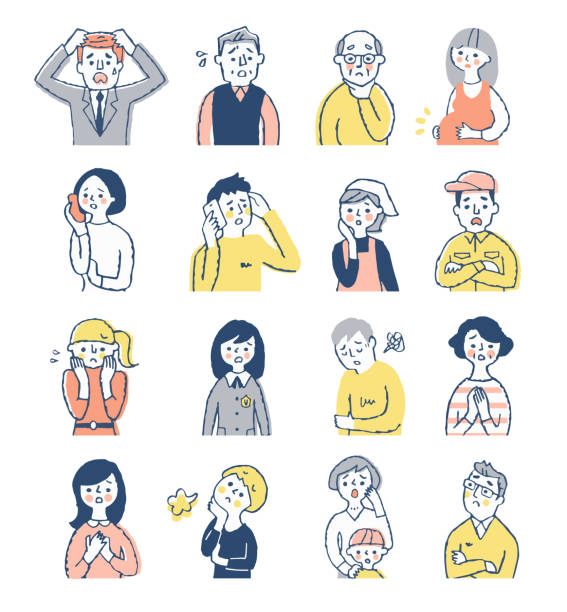 A set of 16 men and women with troubled expressions Person, conversation, communication, Japanese, facial expression waving gesture stock illustrations