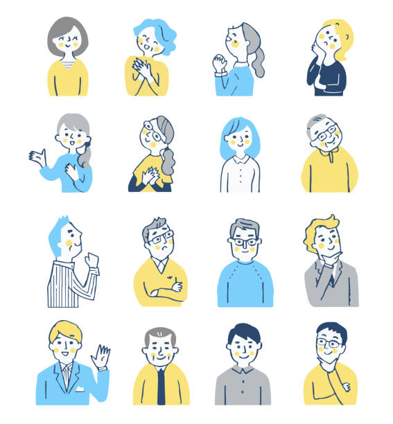 zestaw 16 mężczyzn i kobiet o różnych wyrażeniach - white background vitality happiness surprise stock illustrations