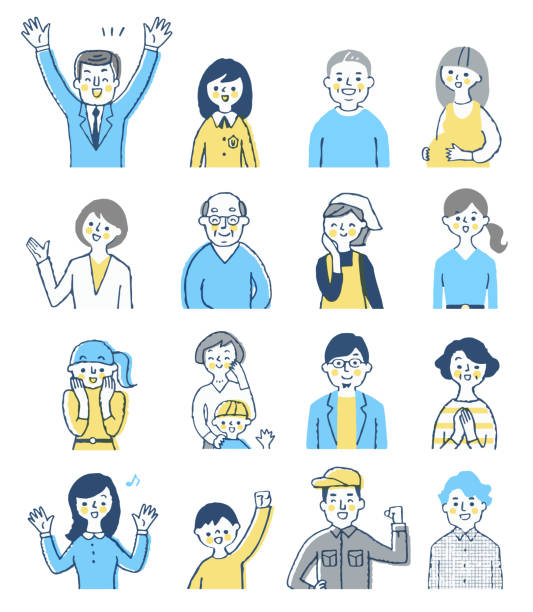 A set of 16 men and women with happy expressions Person, conversation, communication, Japanese, facial expression senior adult illustrations stock illustrations