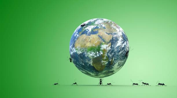 earth globe carried by ants 3D rendering