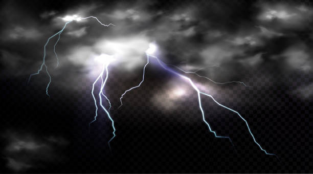 Lightning strikes and thundercloud, impact place Lightning strikes and thundercloud, electric discharge and storm cloud, impact place or magical energy flash. Meteorology thunderbolt realistic 3d vector impulse isolated on transparent background cumulonimbus stock illustrations