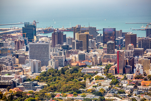 This image shows aerial view of Cape Town city and its city scene. city buildings can be seen in the image and its taken in daytime.