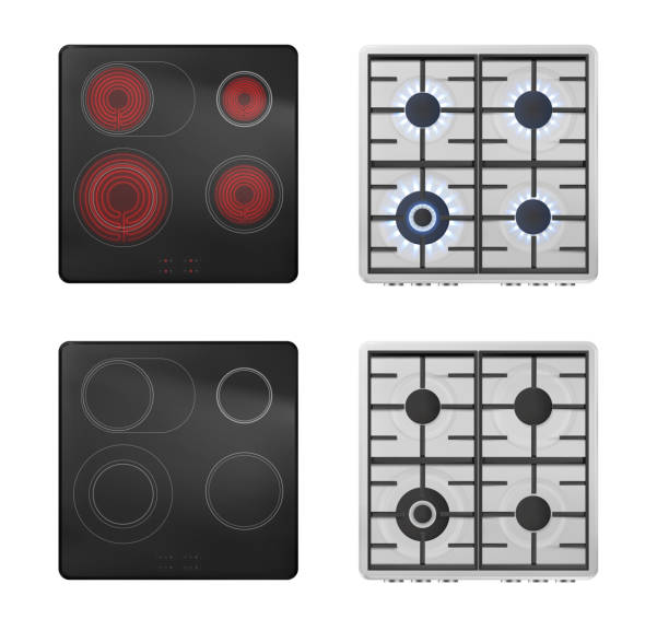 Gas and electric stove top view, turn on off ovens Gas and electric stove top view, turn on and off ovens with blue flame and red hot ceramics surface. Kitchen burner with lit and off hobs. Isolated realistic 3d vector working cooking appliances set burner stove top stock illustrations