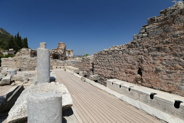 public toilets of ephesus ancient city, izmir city, turkey - toilet public restroom ephesus history imagens e fotografias de stock