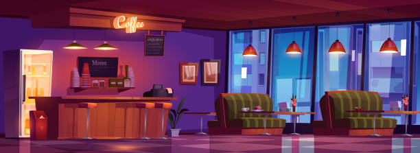 Coffee shop interior with counter, sofa and table Coffee shop with wooden counter, stools, sofas and tables. Vector cartoon interior of empty cafe with drinks in fridge, shelf with cups, cashbox and menu board. Coffee bar in evening cafe bar counter stock illustrations
