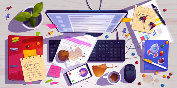 Messy workplace top view, clutter office desk Messy workplace top view, clutter office desk, work space with mess spilled coffee, crumbled muffin and document around laptop. Mobile headset and task list with candies, Cartoon vector illustration crumbled piles of paper desk stock illustrations