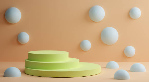 istock Abstract scene with  three-tiered pedestal on a sandy background, surrounded by blue spheres. 3d render.  Modern template for promotion, presentation,branding 1268287007