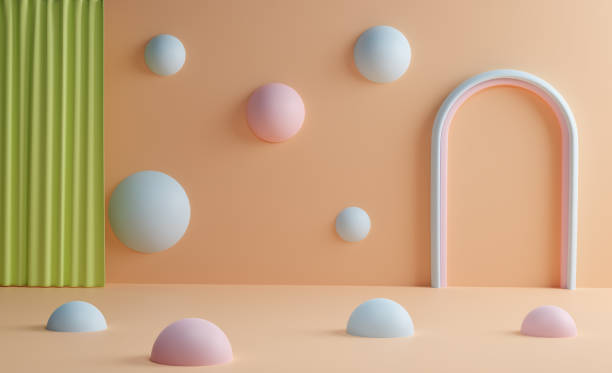 istock Abstract scene with curtain and blue spheres on  against a sand-colored background. 3d render.  Modern template for promotion, presentation in pastel colors 1268287049