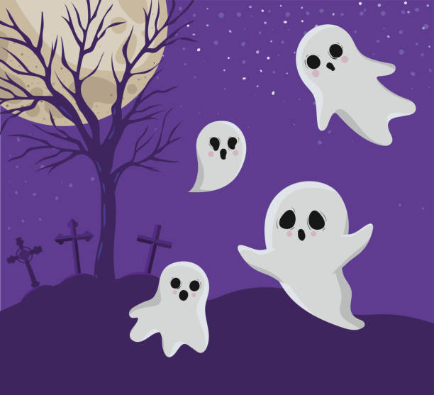 istock Halloween ghosts cartoons in front of cemetery vector design 1268290145