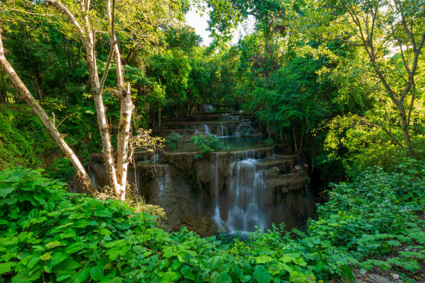 cascate nel richiamo della foresta pluviale tropicale è la cascata huay mae khamin, kanchanaburi provice, thailandia - erawan falls foto e immagini stock