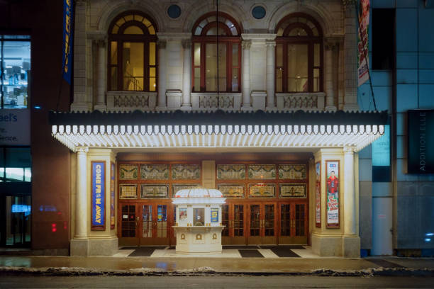 Elgin and Winter Garden Theatres facade at night Toronto, Canada - November 14, 2019 :  and box office illuminated at night toronto international film festival stock pictures, royalty-free photos & images