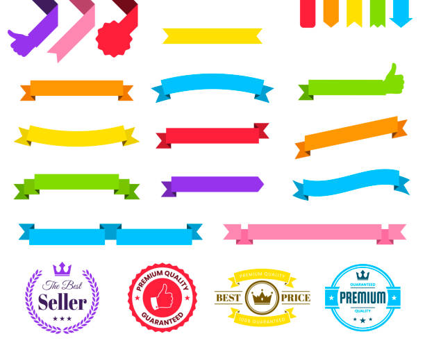 set von bunten bändern, banner, abzeichen, etiketten - design-elemente auf weißem hintergrund - banner origami ribbon green stock-grafiken, -clipart, -cartoons und -symbole