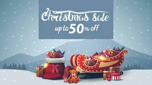 Vector illustration of Christmas sale, up to 50% off, discount banner with gray winter landscape, Santa Claus bag, Santa Sleigh with presents and present with Teddy bear