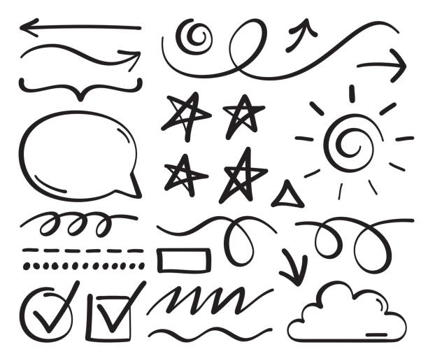 Scribble Hand Drawn Line Drawing and Editing Design Elements Scribble hand drawn line editing and drawing pencil and sharpie line elements vector collection. editor illustrations stock illustrations