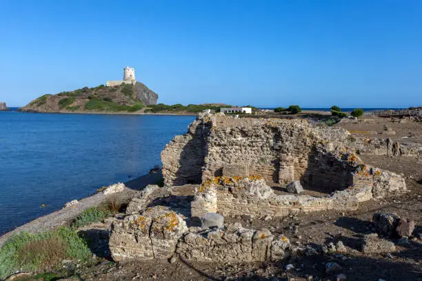 The archaeological site of Nora with the Spanish tower in the background.