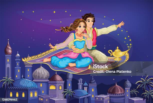 Ilustración de East Princess Y Aladdin En Alfombra Mágica Paisaje Árabe De  Cuento De Hadas Con