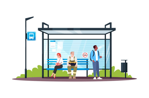ilustrações de stock, clip art, desenhos animados e ícones de guy smoking at a no smoking bus stop semi flat rgb color vector illustration - paragem-de-autocarro
