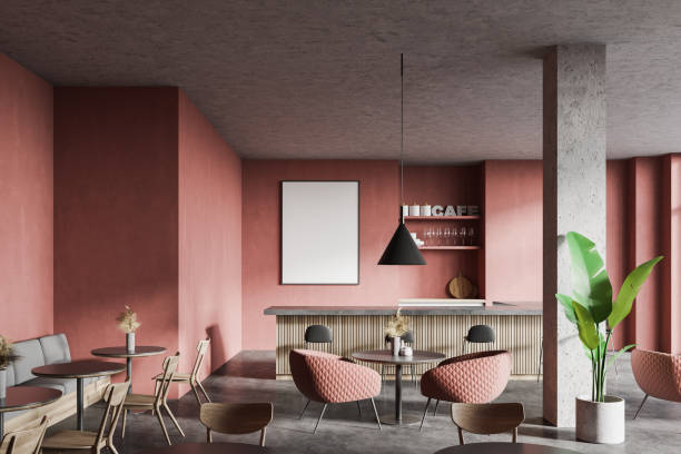 istock Pink restaurant interior with columns and poster 1268301902