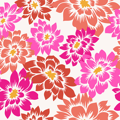 istock Floral seamless pattern with hand drawn Dahlia flowers. Bright vector floral background. Flat drawing in modern style. Botanical trendy ornament. Summer motif. 1268301944