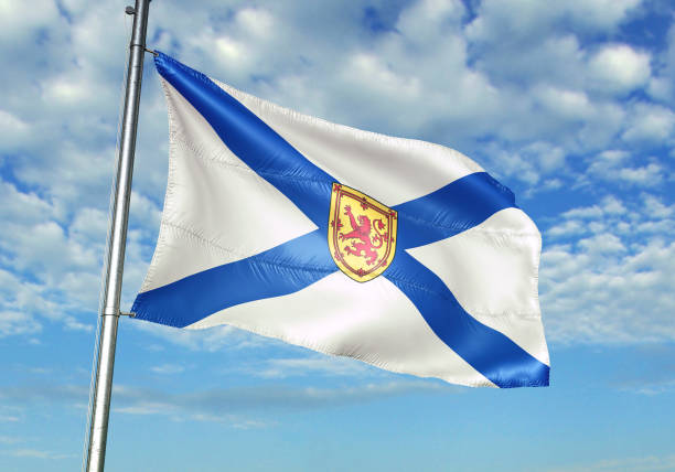Nova Scotia of Canada flag waving with sky on background realistic 3d illustration