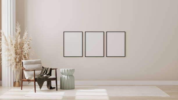 istock Blank poster frame on wall in minimalist modern living room interior background, living room mock up in scandinavian style, 3d rendering 1268302947