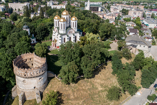Aerial view of Ostroh Castle in Ostroh town, Rivne region, Ukraine. Travel destination and castles in Ukraine