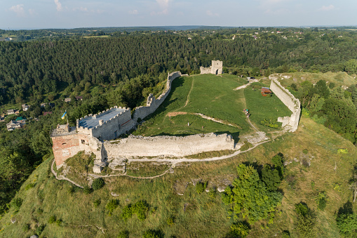 Aerial view of Kremenets castle ruins located on top of a hill in Kremenets town, Ternopil region, Ukraine. Travel destinations and historic architechture in Ukraine
