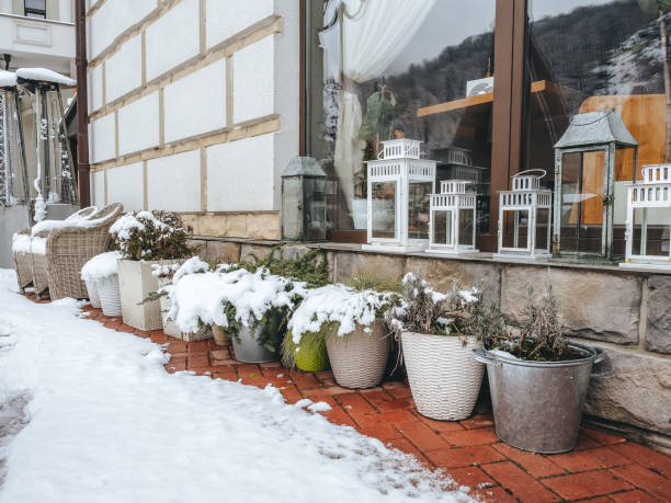 Pots with snow-covered plants and wicker chairs stand along the wall with masonry and with large window